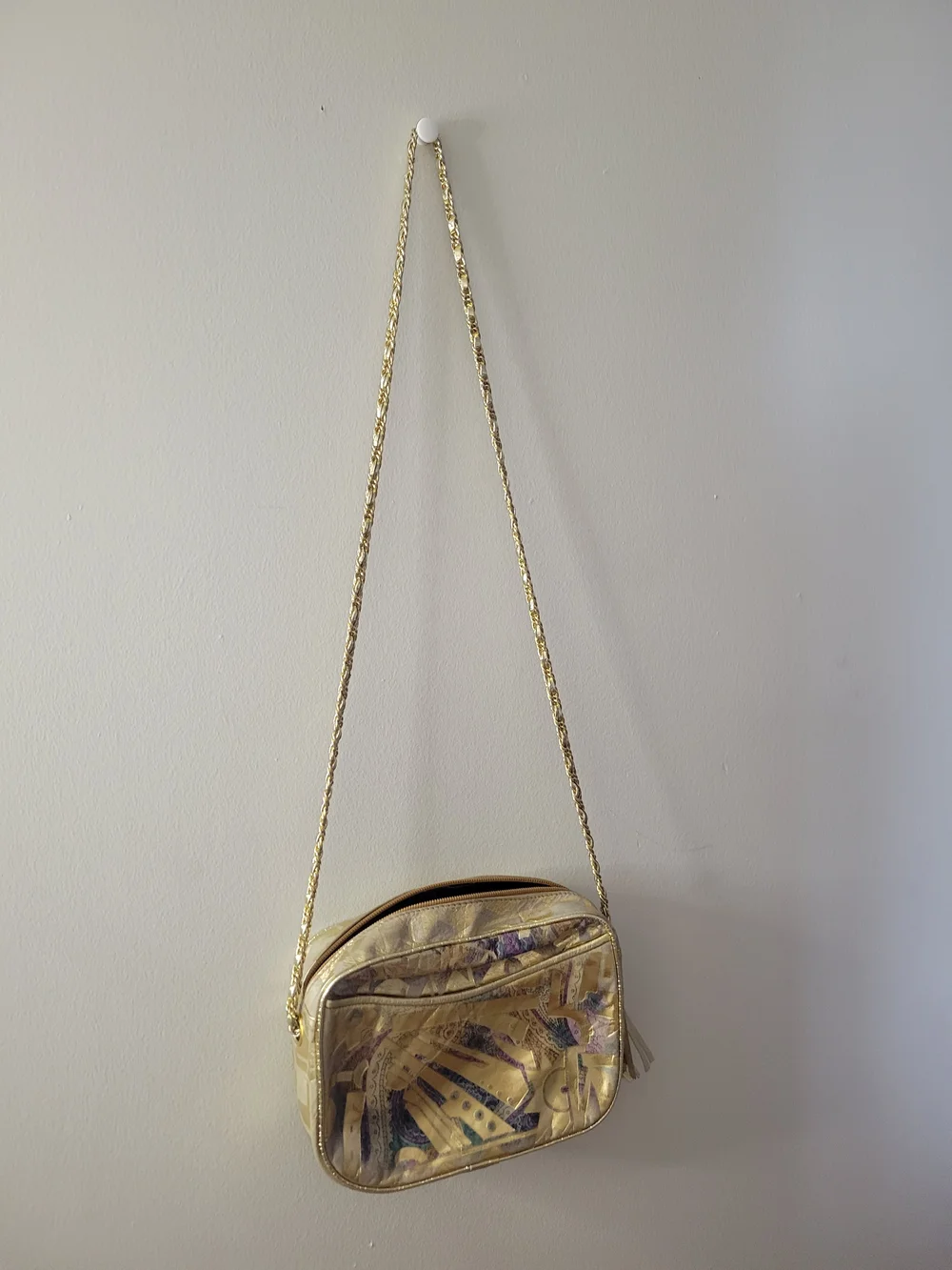 Vintage 90s Metallic Gold Patterned Crossbody Bag with Tassel - Picture 2 of 7